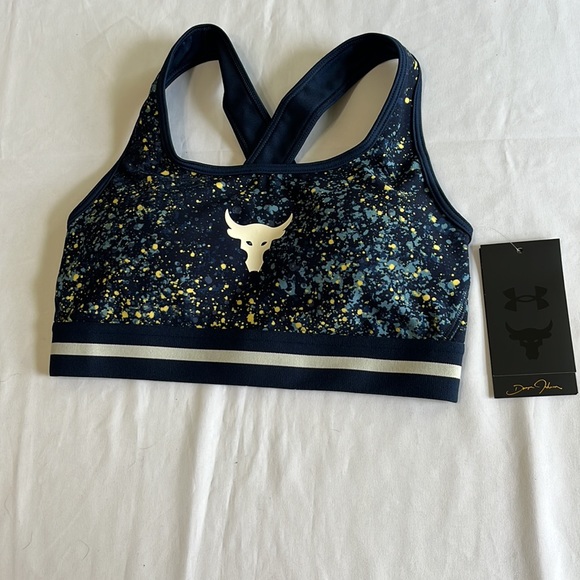 Under Armour Project Rock Printed CROSSBACK Sports Bra in Academy - Picture 8 of 14